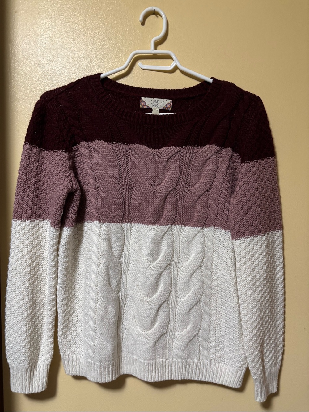 Colorblock Cable Knit Sweater - White, Mauve & Burgundy